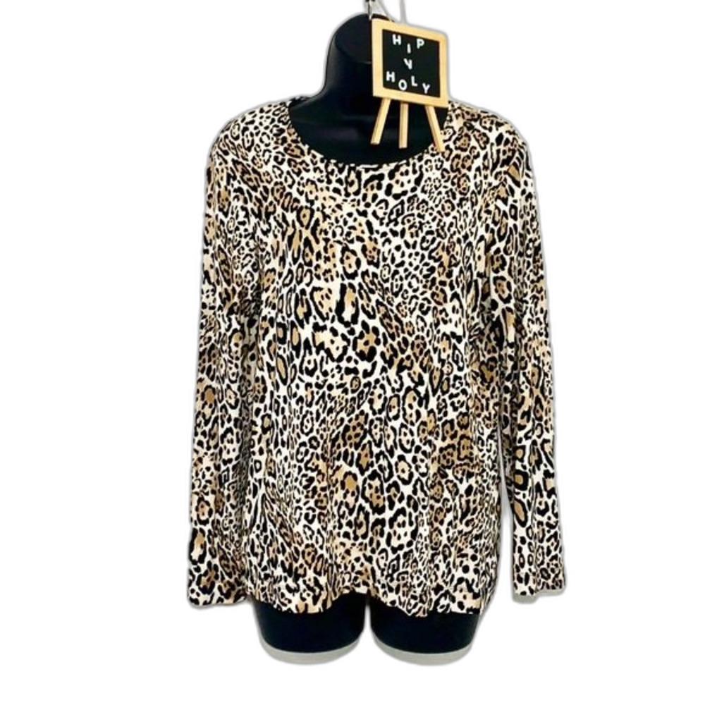 CHICO’S Animal Print Pullover Long Sleeve Top Brown Black Size Medium 1